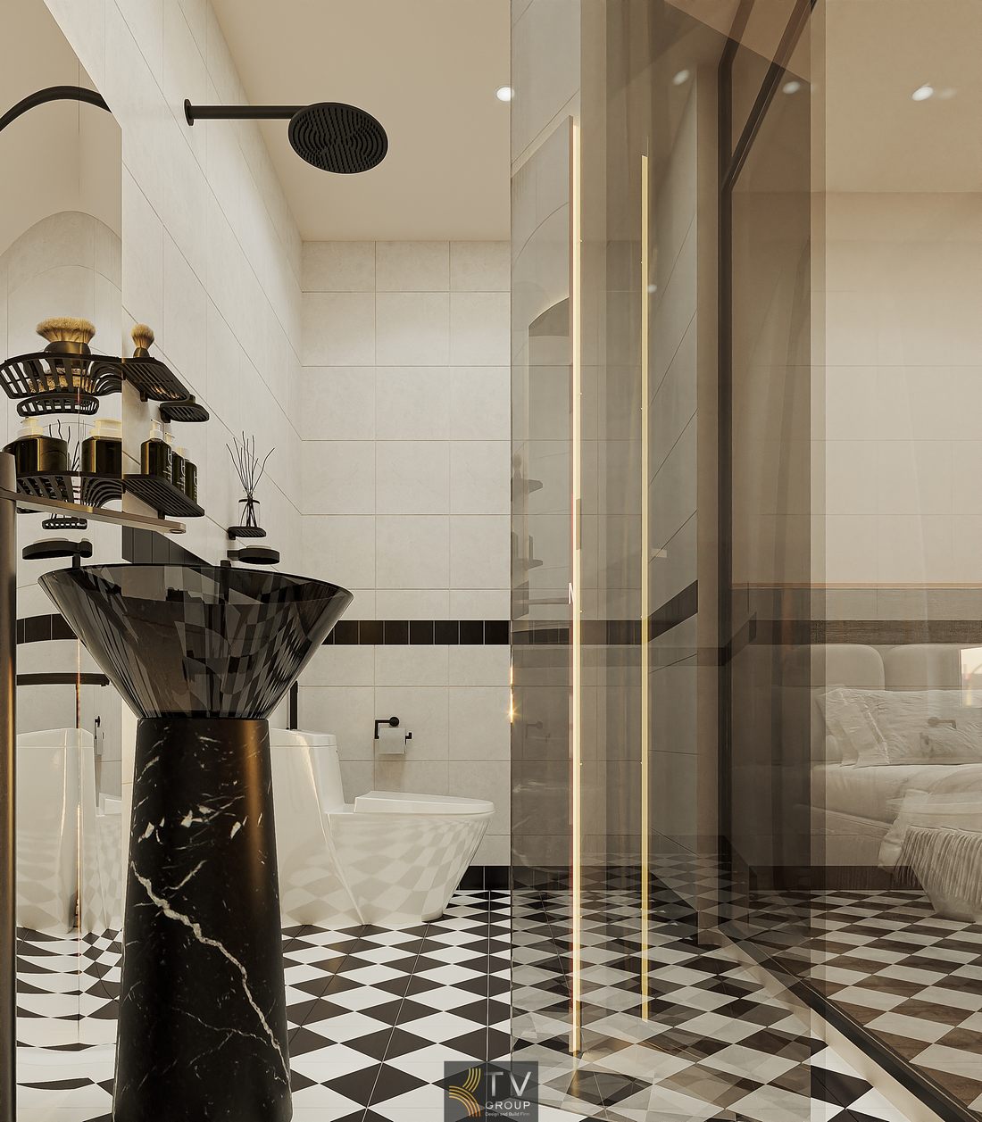 Thi công nội thất phòng khách sạn diện tích nhỏ với giường trung tâm, kính cường lực và ánh sáng dịu mang lại trải nghiệm nghỉ dưỡng tiện nghi 