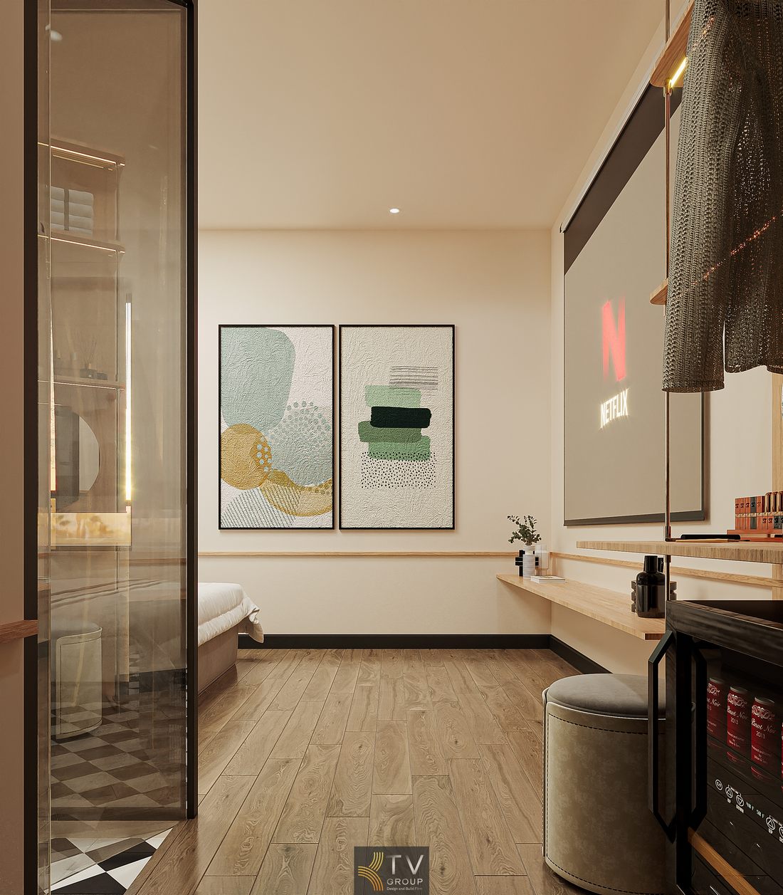 Nội thất phòng khách sạn cao cấp với thiết kế tối giản, tích hợp khu thay đồ và phòng tắm kính sang trọng Thiết kế phòng khách sạn phong cách hiện đại sử dụng vật liệu gỗ, kính và ánh sáng tự nhiên tạo cảm giác rộng rãi và thoáng đãng 