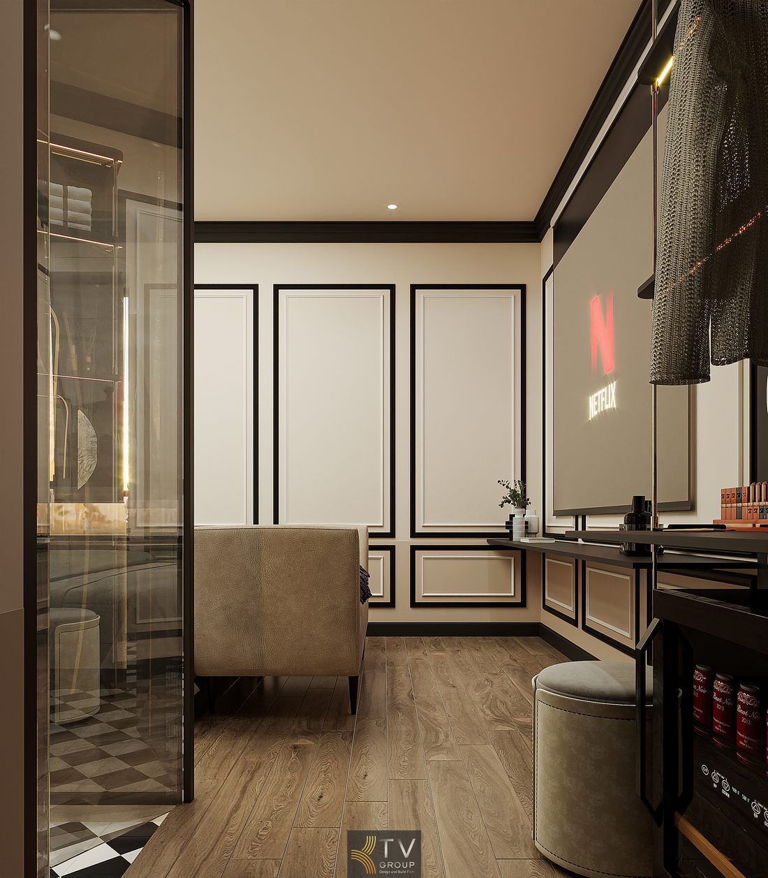 Không gian phòng ngủ khách sạn sang trọng với vách kính phòng tắm, nội thất gỗ cao cấp, ánh sáng LED tạo chiều sâu và cảm giác ấm cúng 