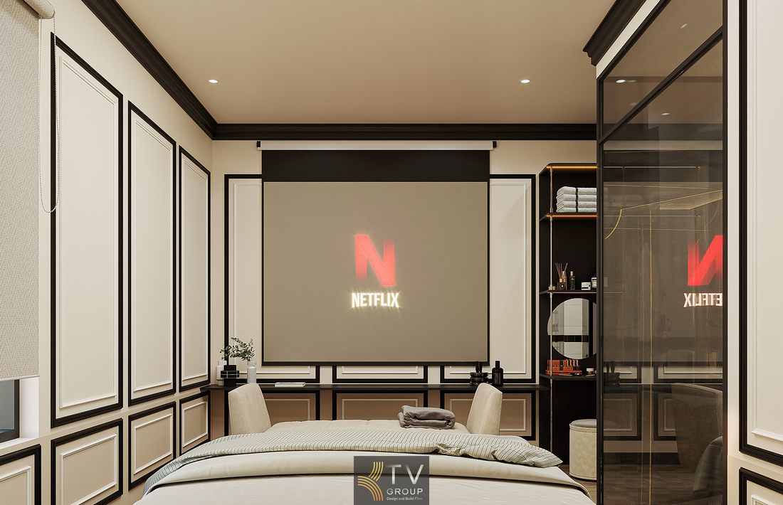 Thiết kế phòng khách sạn phong cách modern classic với giường trung tâm, decor nhẹ nhàng, ánh sáng vàng dịu tạo trải nghiệm thư giãn hoàn hảo 