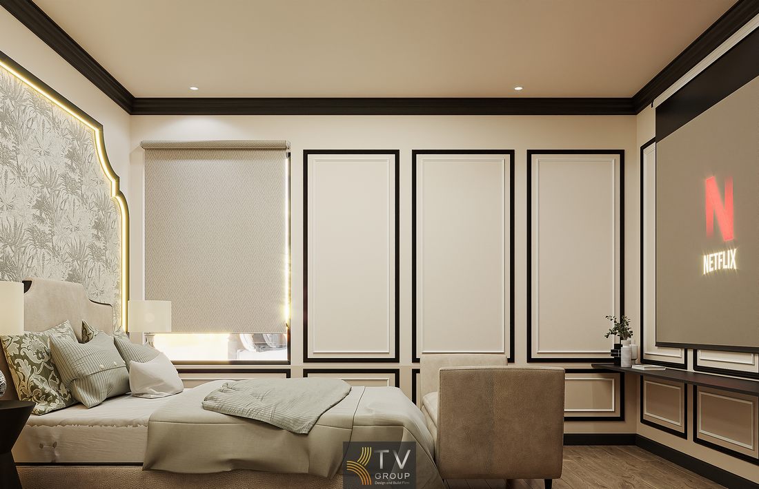 Nội thất phòng khách sạn cao cấp với tủ quần áo mở, ánh sáng hắt tinh tế, bố trí khoa học giúp tối ưu công năng sử dụng 