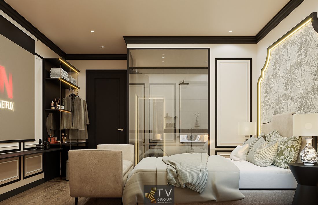 Phòng khách sạn concept cảm xúc với gam màu trung tính, vật liệu cao cấp, không gian mở liên kết khu ngủ và phòng tắm hiện đại 