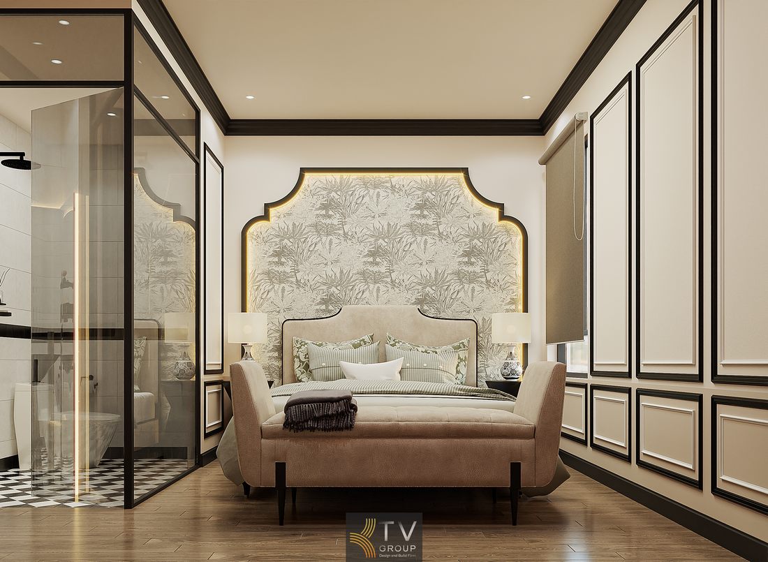 Thiết kế phòng ngủ khách sạn với hệ đèn âm trần, đèn ngủ decor, tạo hiệu ứng ánh sáng nhiều lớp sang trọng và ấm áp 