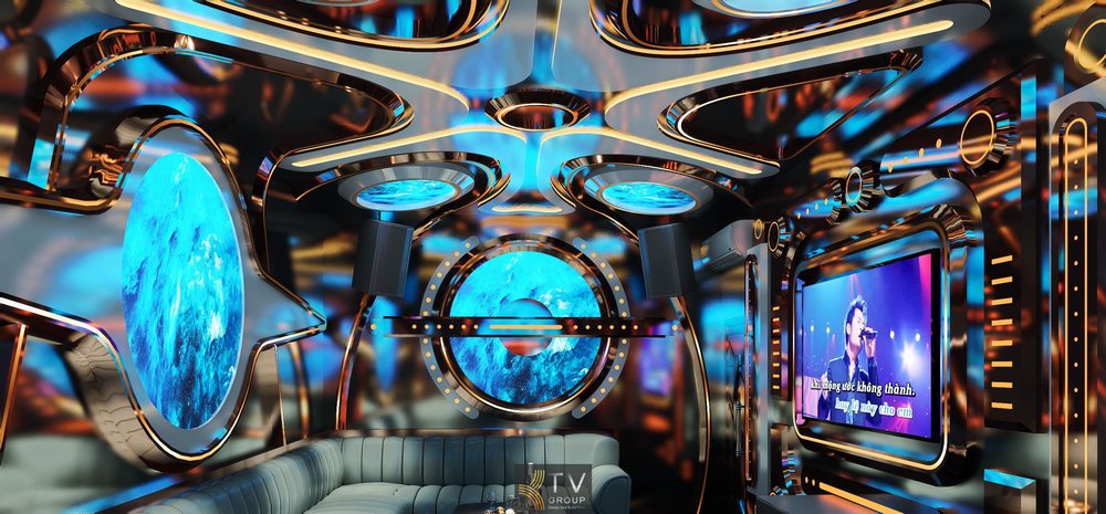 Thiết kế phòng karaoke VIP phong cách Vũ Trụ Galaxy Space, trần LED ngân hà xanh, nội thất cao cấp, ánh sáng 5D hiện đại, tối ưu trải nghiệm KTV kinh doanh. 