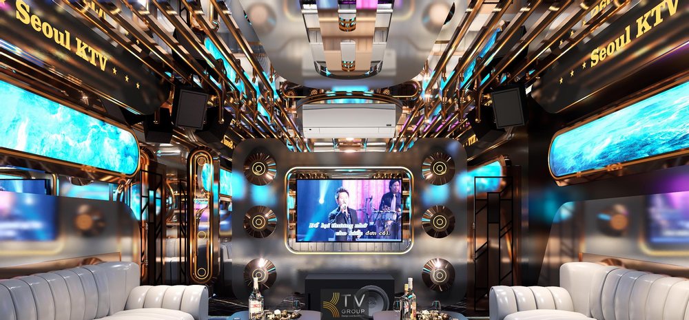 Thiết kế thi công phòng karaoke VIP Galaxy Space Luxury LED 5D, góc nhìn chính diện màn hình trung tâm, ánh sáng vũ trụ bao quanh, nội thất cao cấp, mô hình KTV chuẩn kinh doanh.v 