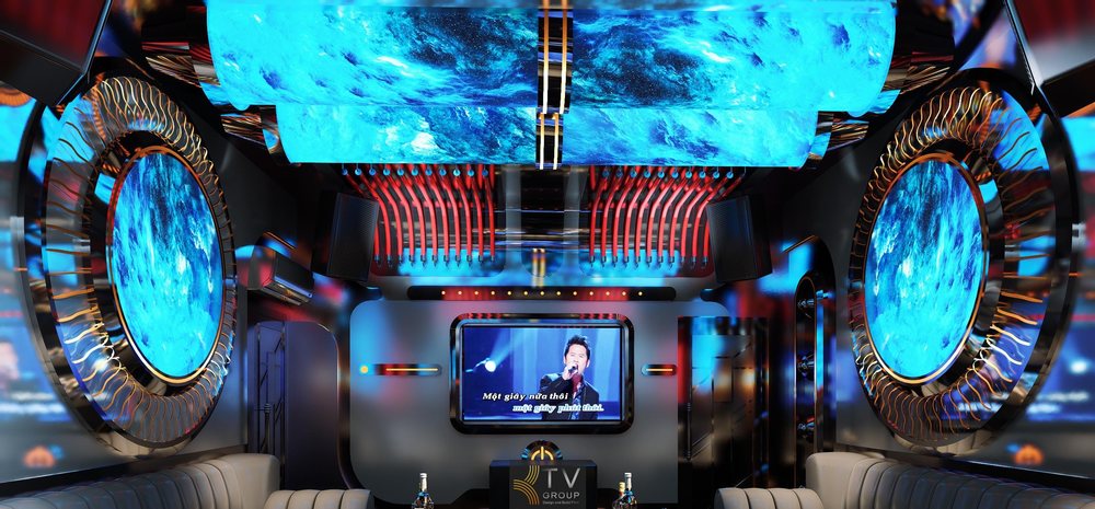Không gian phòng karaoke VIP Vũ Trụ LED 5D Luxury với trần ánh sáng đa chiều, màn hình trung tâm nổi bật, thiết kế sang trọng, khác biệt, tối ưu trải nghiệm giải trí cao cấp. 