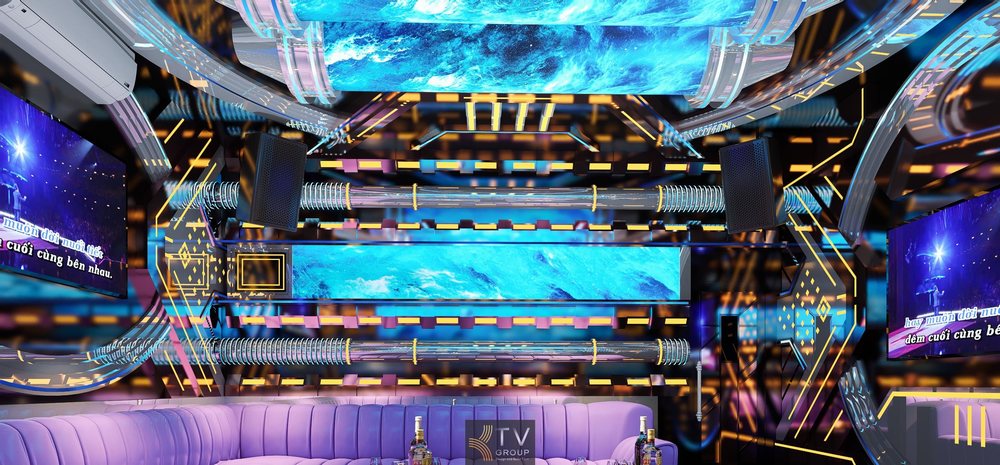 Thiết kế phòng karaoke VIP phong cách vũ trụ LED 5D với trần và vách ánh sáng công nghệ cao 