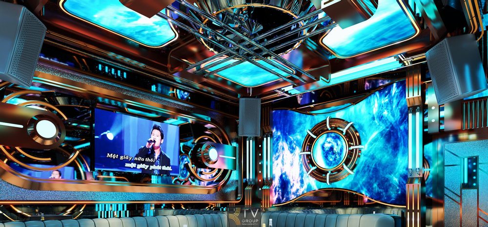 Thiết kế thi công phòng karaoke VIP Vũ Trụ LED 5D với trần LED đa lớp, màn hình vũ trụ chuyển động, vật liệu ánh kim cao cấp và âm thanh bố trí chuẩn kỹ thuật, tạo không gian giải trí công nghệ – sang trọng – dễ vận hành, phù hợp mô hình KTV hút khách mạnh. 