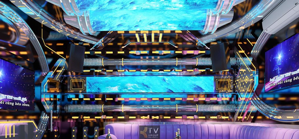 Phòng karaoke VIP phong cách Vũ Trụ LED 5D nổi bật với hệ trần – vách LED hiệu ứng không gian, ánh sáng đa tầng chuyển động sống động, âm thanh bố trí chuẩn kinh doanh, tạo trải nghiệm giải trí cao cấp, hiện đại 