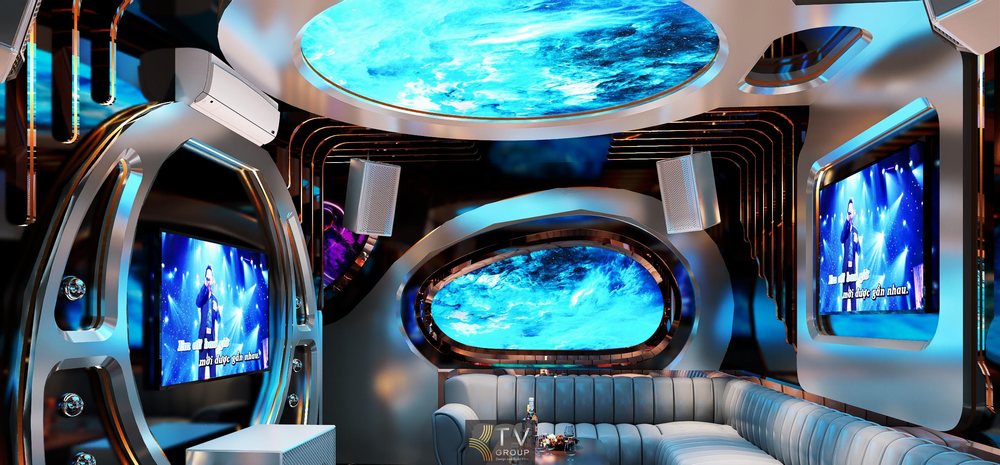 Không gian phòng karaoke VIP LED 5D concept vũ trụ cao cấp, màn hình trung tâm nổi bật, ánh sáng nghệ thuật, thiết kế sang trọng, tối ưu trải nghiệm giải trí và hiệu quả kinh doanh KTV. 