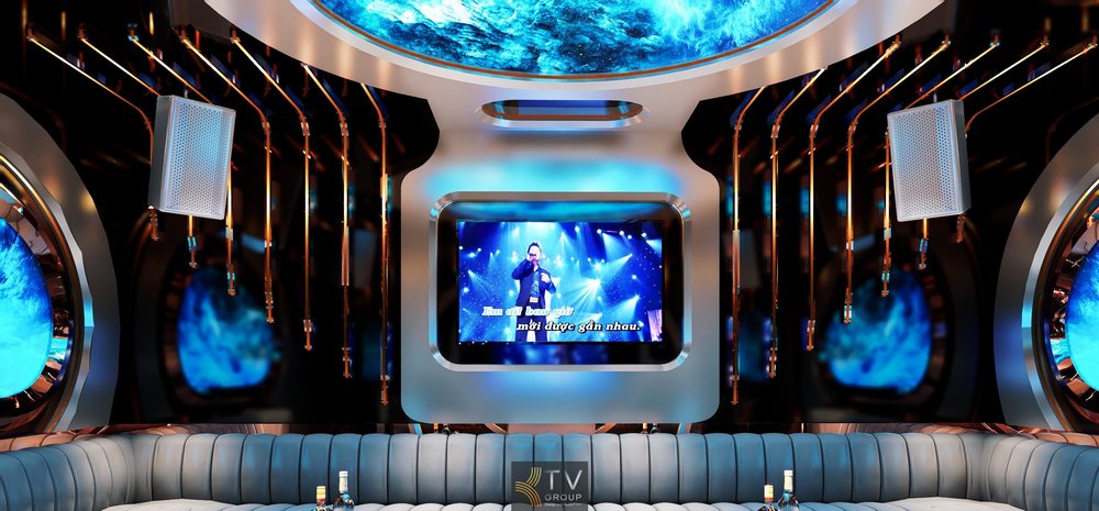 Phòng karaoke VIP LED 5D concept vũ trụ cao cấp, thiết kế thi công KTV hiện đại, ánh sáng nghệ thuật, nội thất sang trọng, màn hình trung tâm ấn tượng. 