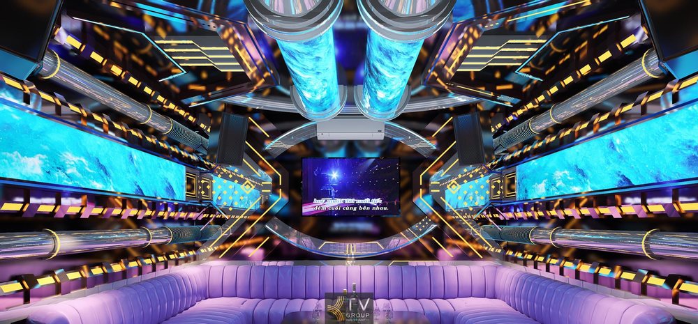 Phòng karaoke VIP thiết kế theo chủ đề Vũ Trụ LED 5D với không gian bao trùm ánh sáng, màn hình LED đa chiều, trần hiệu ứng chuyển động mạnh mẽ kết hợp nội thất sofa cao cấp, mang đến trải nghiệm giải trí hiện đại, khác biệt và cực kỳ thu hút khách. 