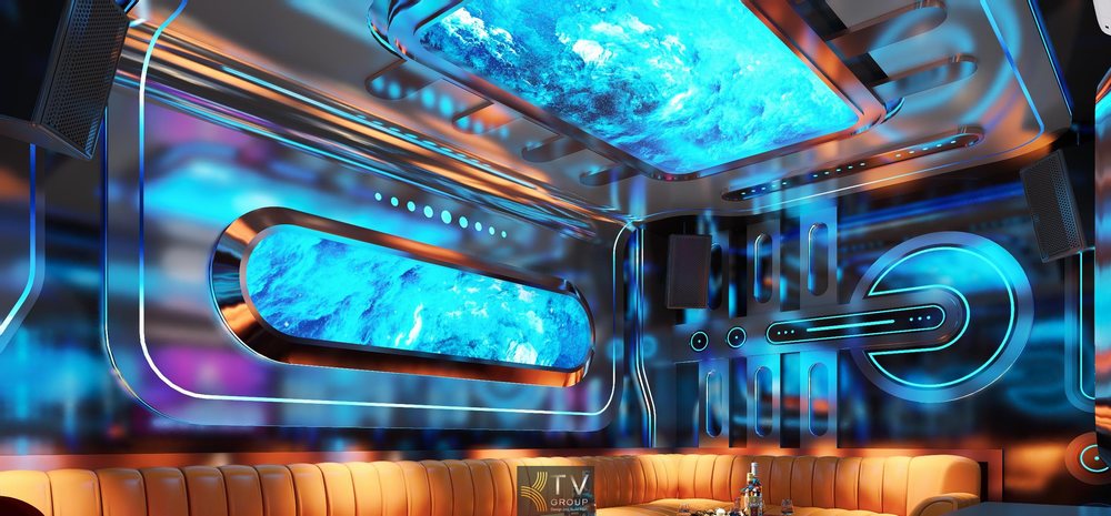 Mẫu phòng karaoke VIP phong cách Galaxy LED 5D cao cấp với trần và vách LED hiệu ứng vũ trụ, ánh sáng xanh futuristic, nội thất sofa cao cấp, thiết kế chuẩn kinh doanh KTV. 