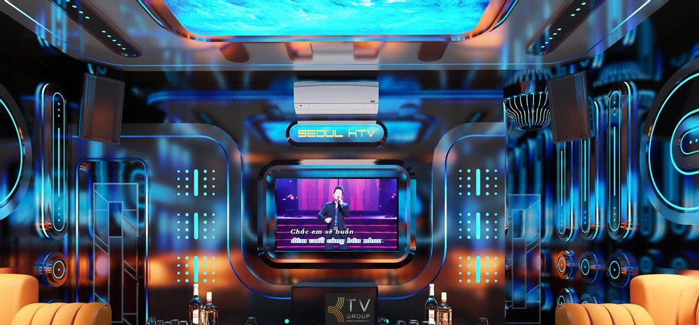 Mẫu phòng karaoke VIP phong cách Galaxy LED 5D cao cấp với tường LED công nghệ, ánh sáng xanh futuristic, màn hình karaoke trung tâm, sofa da cao cấp, thiết kế chuẩn kinh doanh KTV. 