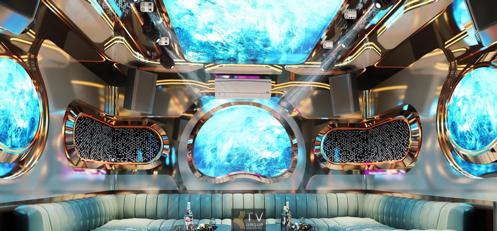 Mẫu phòng karaoke VIP Galaxy Luxury với trần LED vũ trụ, ánh sáng 5D sống động, không gian sang trọng, trải nghiệm giải trí cao cấp, thu hút khách. 