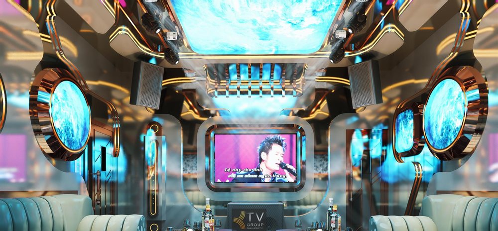 Thiết kế phòng karaoke VIP phong cách Galaxy Luxury, trần LED vũ trụ xanh, nội thất sang trọng, ánh sáng 5D hiện đại, tối ưu trải nghiệm KTV cao cấp. 