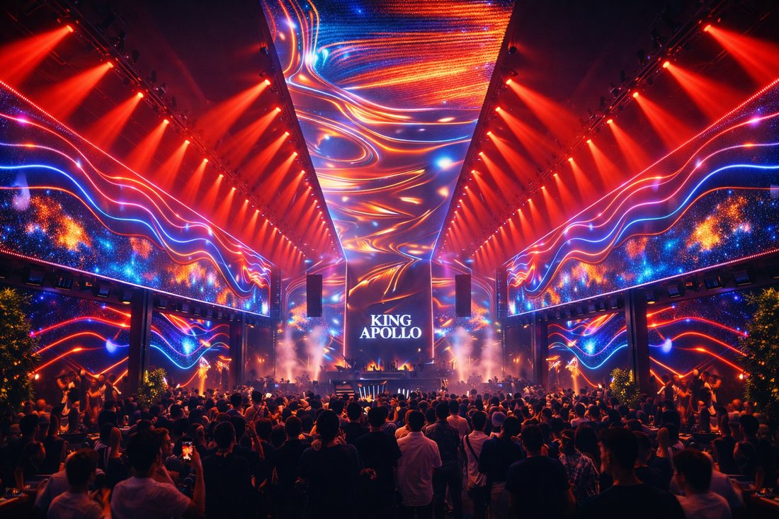 Thiết kế thi công Bar EDM quy mô lớn với trần LED mapping, sân khấu DJ trung tâm và hệ thống ánh sáng chuyên nghiệp