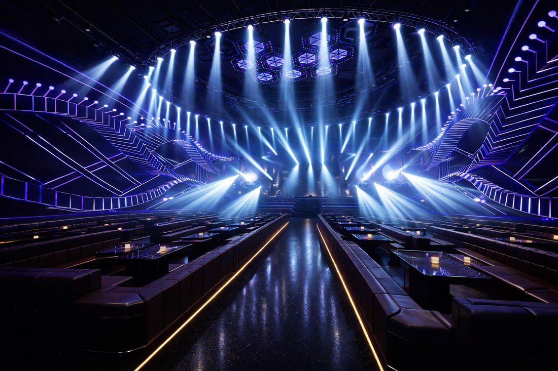 Thiết kế bar EDM quy mô lớn với sân khấu DJ trung tâm, lối catwalk dài, ánh sáng beam LED xanh tím, không gian nightclub hiện đại 800–1.000m². 