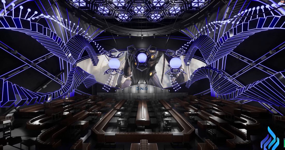 Không gian bar EDM futuristic với sân khấu trung tâm biểu tượng, tường cánh uốn lượn LED đa tầng, trần module hình học và bố cục nightclub cao cấp. 