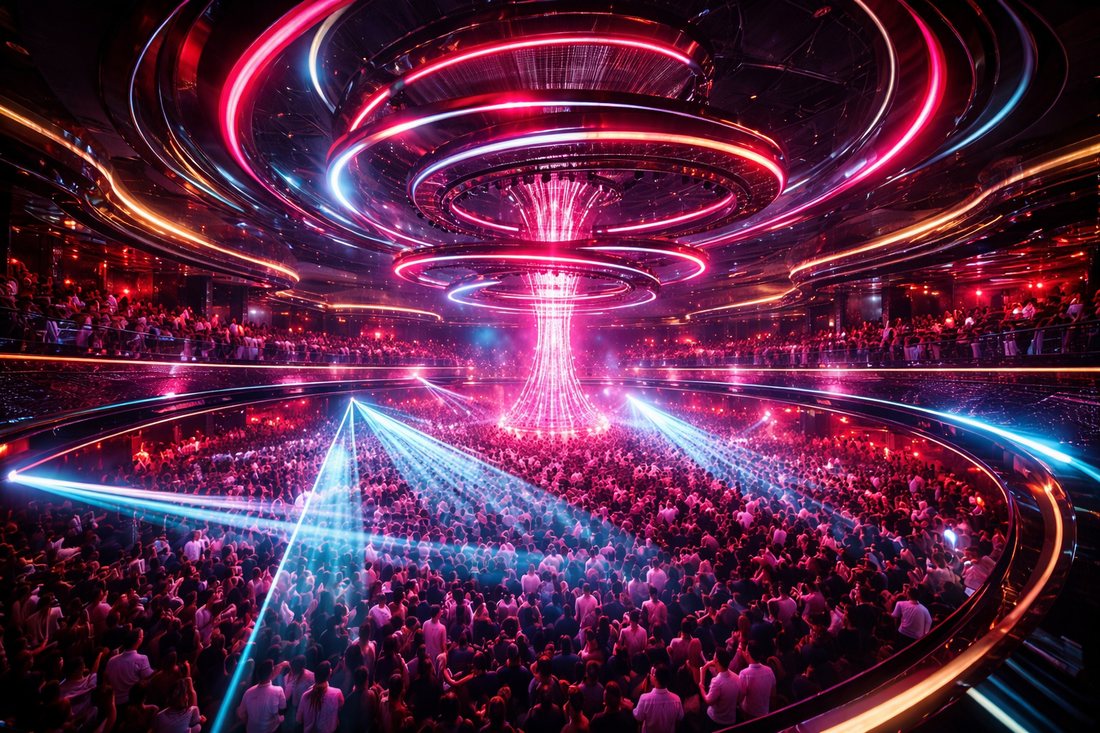Thiết kế thi công Bar EDM với sân khấu trung tâm, ánh sáng LED vòng tròn, laser mạnh, không gian club đông người, trải nghiệm nightlife hiện đại 
