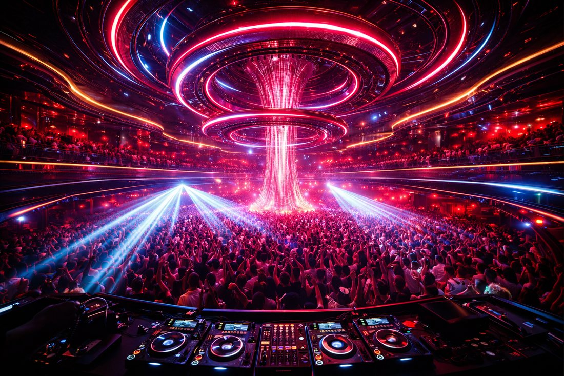 Tâm lý đám đông trong Bar EDM với DJ Booth trung tâm, ánh sáng LED và crowd energy bùng nổ