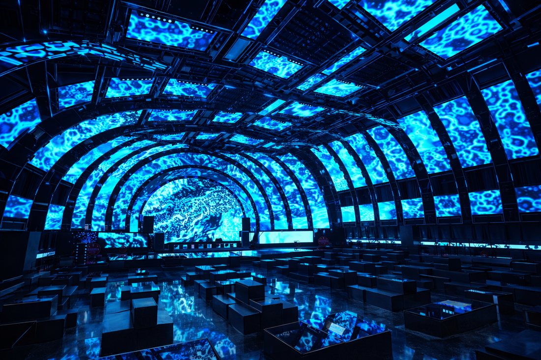 Thiết kế thi công quán Bar EDM trần LED vòm cong 360 độ, sân khấu trung tâm, màn hình LED lớn và layout bàn tối ưu vận hành chuyên nghiệp.