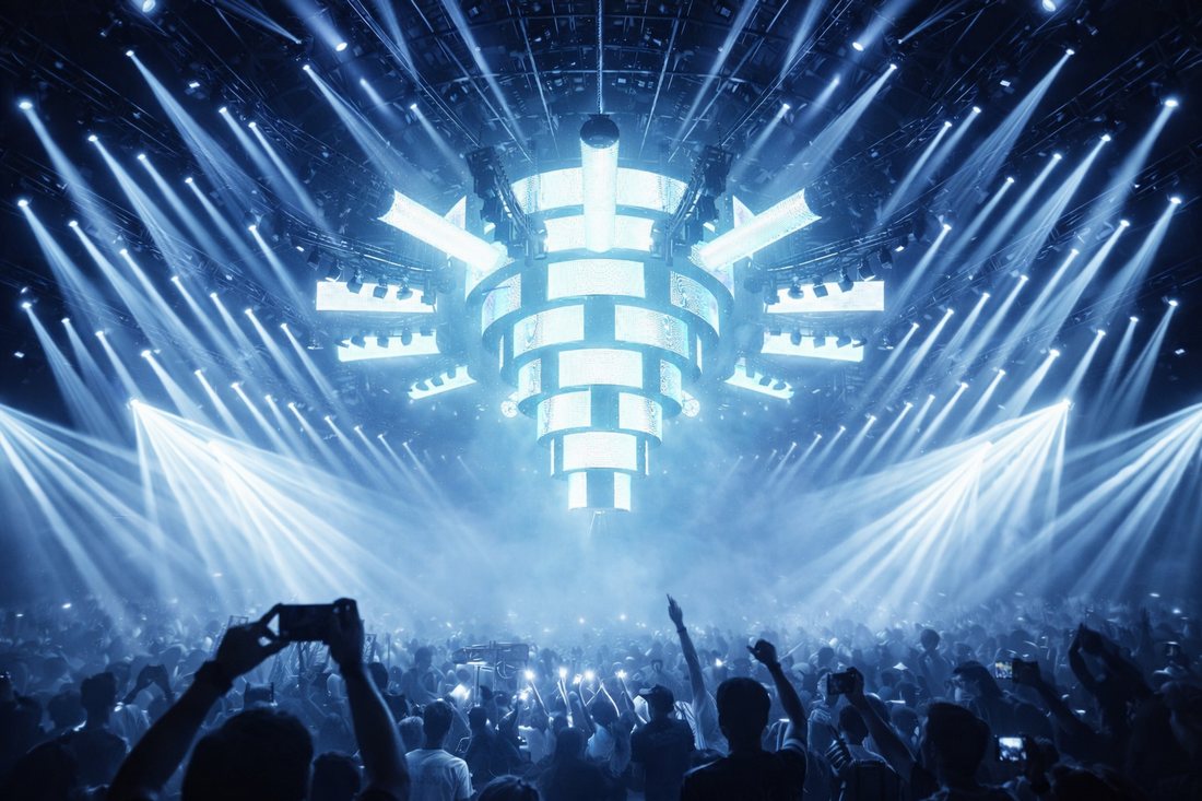 Không gian Bar EDM quy mô lớn với sân khấu LED đa tầng và hệ thống ánh sáng công suất cao tạo hiệu ứng bùng nổ toàn bộ không gian. Âm thanh mạnh mẽ, ánh sáng đồng bộ