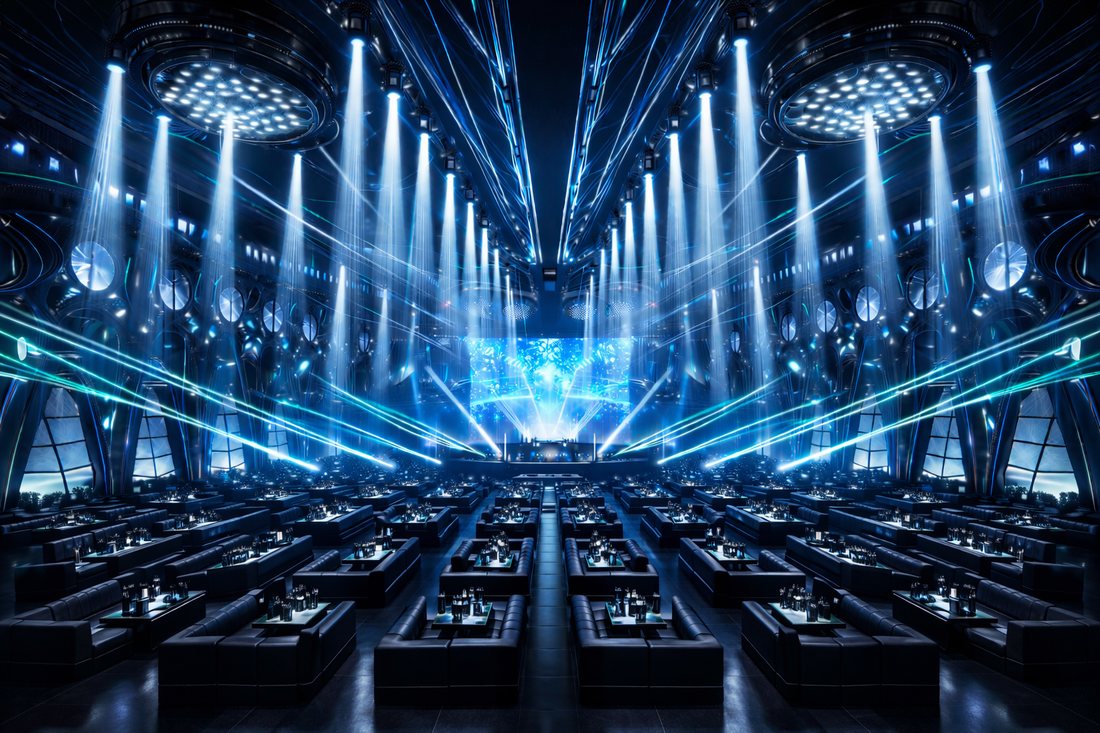 Thiết kế Club EDM phong cách futuristic với trần cao, đèn beam công suất lớn, laser xanh và khu sofa VIP bố trí đối xứng hướng sân khấu trung tâm. 