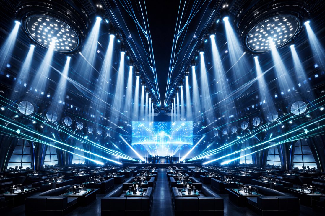 Thiết kế Club EDM trần vòm kim loại, đèn beam công suất lớn, màn hình LED cong và khu sofa VIP đối xứng hướng sân khấu trung tâm.