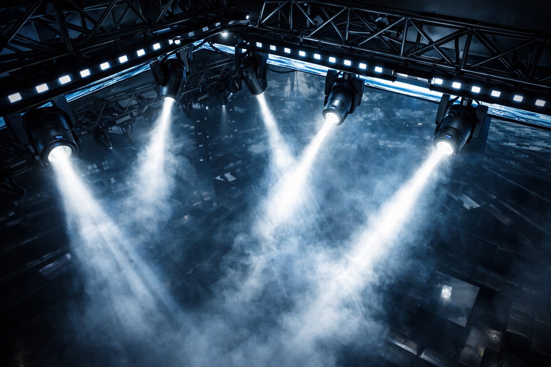 Hệ thống ánh sáng sân khấu Bar EDM với đèn moving head, beam và truss treo chuyên nghiệp, tạo hiệu ứng ánh sáng mạnh, đồng bộ âm nhạc, tối ưu trải nghiệm và vận hành.