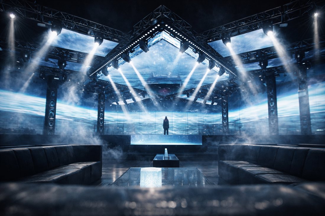 Thiết kế không gian Bar EDM với sân khấu trung tâm, màn hình LED lớn, ánh sáng sân khấu đồng bộ, bố cục lounge khoa học, tối ưu trải nghiệm và vận hành kinh doanh.