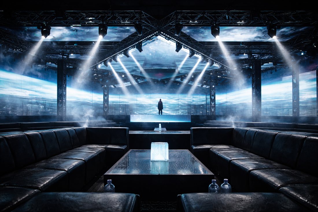 Thiết kế Bar EDM với khu lounge VIP đối xứng, sofa cao cấp, sân khấu trung tâm, ánh sáng và màn hình LED đồng bộ, tối ưu trải nghiệm giải trí và vận hành kinh doanh.