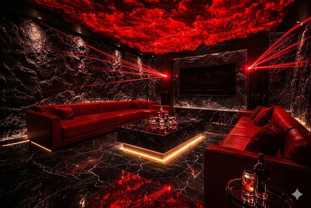 Thiết kế phòng karaoke luxury tông đỏ với trần nghệ thuật, tường đá vân và hiệu ứng ánh sáng laser hiện đại cho không gian karaoke VIP 