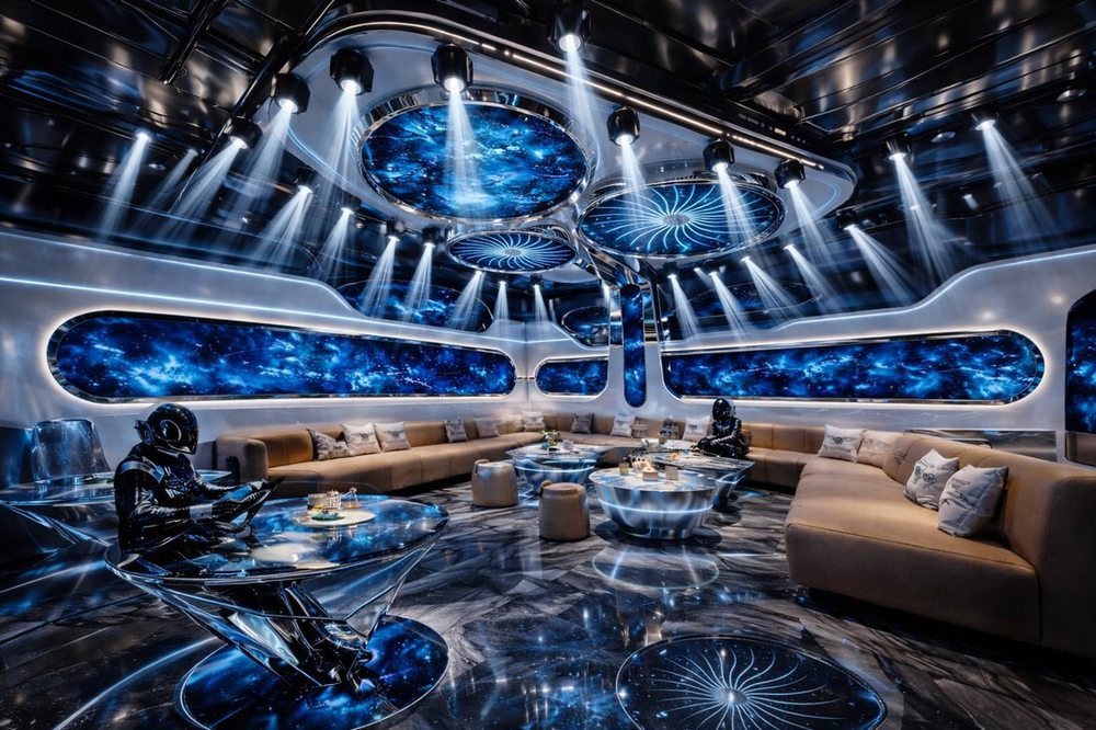 Thiết kế phòng karaoke Futuristic chủ đề vũ trụ với trần LED galaxy, ánh sáng spotlight và nội thất lounge cao cấp cho không gian karaoke VIP 