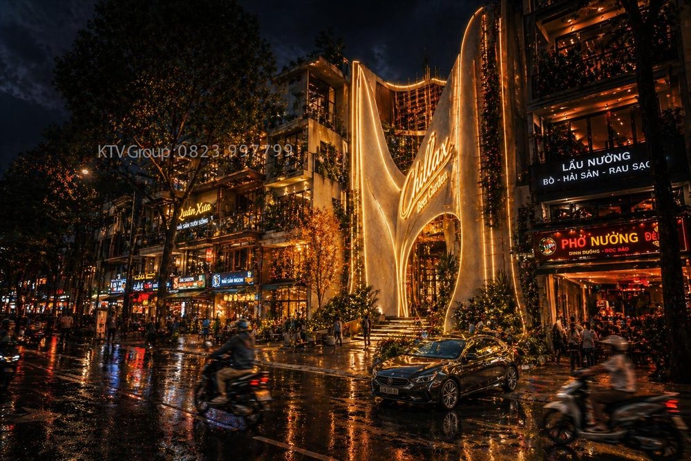 Dự án Beer Garden phong cách nightlife hiện đại, không gian mở kết hợp ánh sáng nghệ thuật và thiết kế facade ấn tượng.