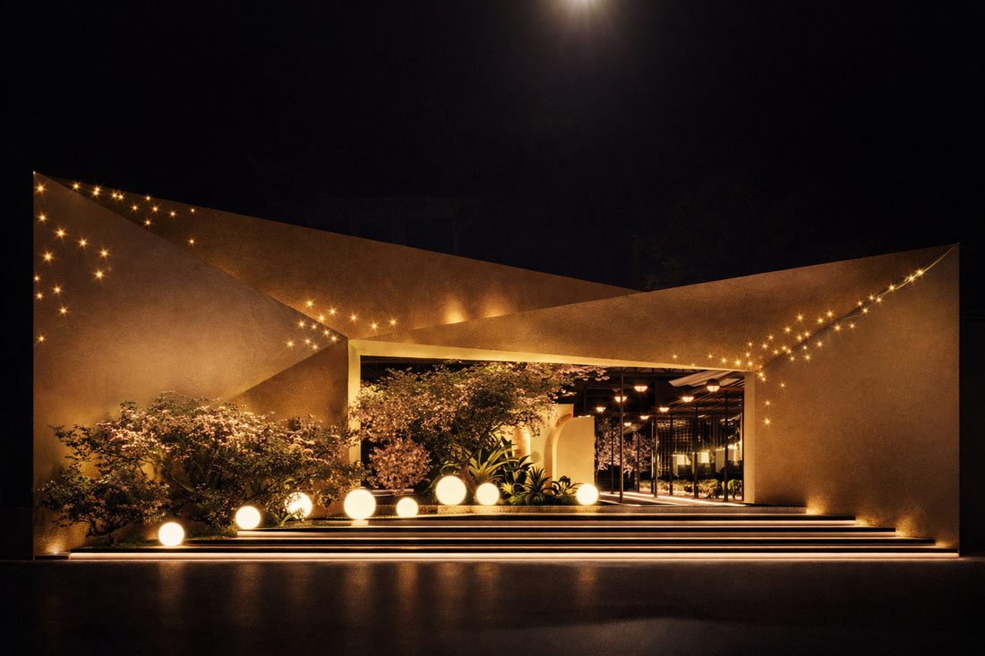 Thiết kế mặt tiền nhà hàng Beer Food Garden ngoài trời hiện đại ánh sáng vàng ấm