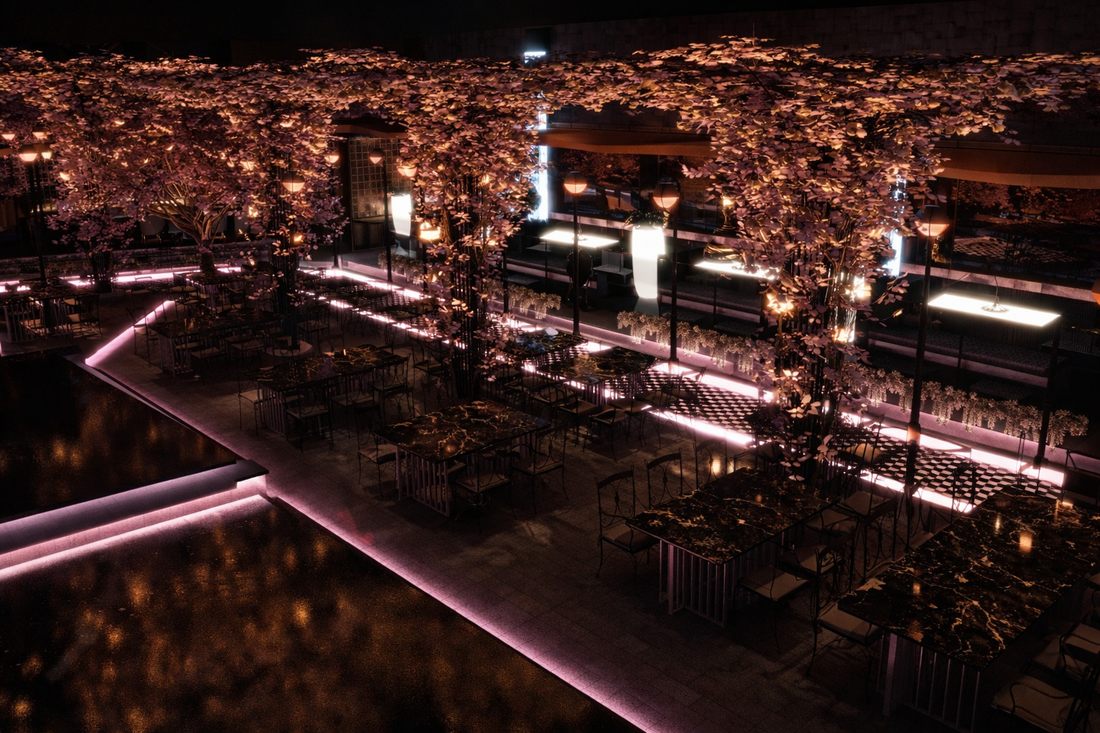 Thiết kế Beer Food Garden sân vườn với giàn cây và ánh sáng hắt sàn