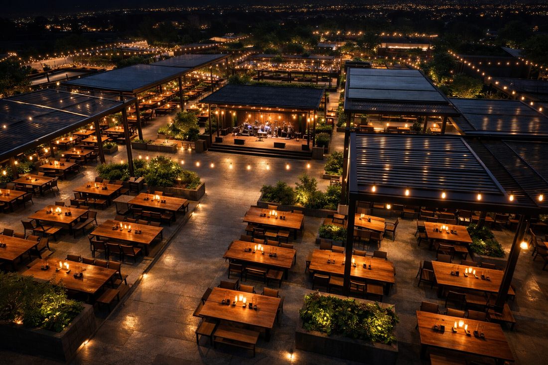 Toàn cảnh thiết kế nhà hàng Beer Food Garden ngoài trời có sân khấu trung tâm