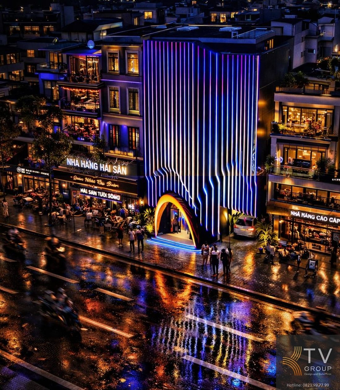 Mặt tiền karaoke hiện đại với LED chuyển động, kiến trúc tối giản, ánh sáng phản chiếu mặt đường ướt tạo hiệu ứng bắt mắt, phù hợp mô hình kinh doanh nightlife thu hút khách vãng lai. 