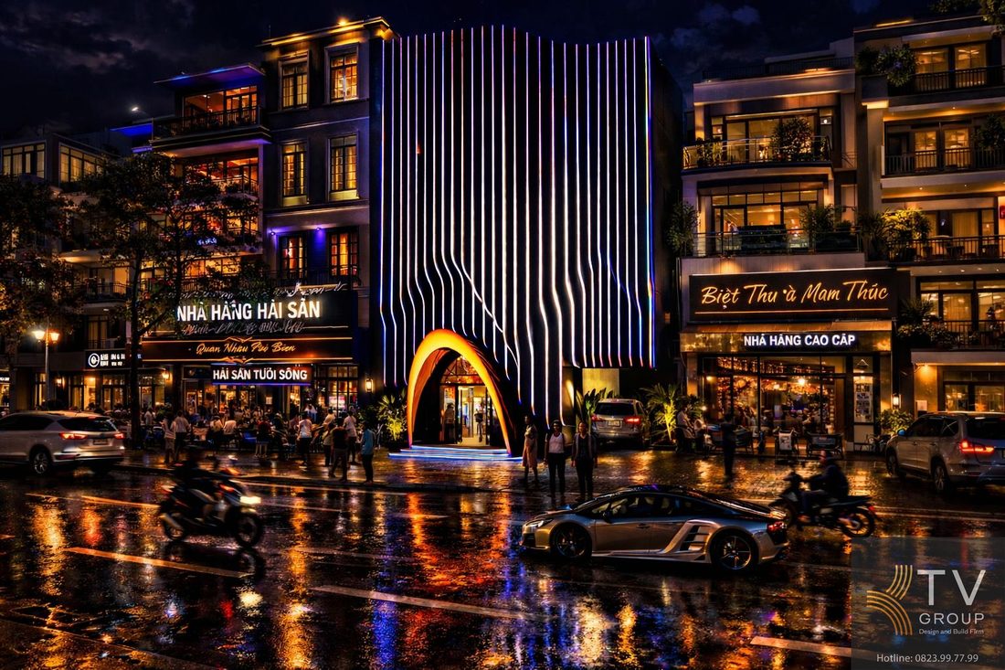 Facade KTV sử dụng LED dynamic chạy dọc toàn bộ mặt tiền, tạo hiệu ứng ánh sáng liên tục, tăng khả năng nhận diện từ xa, phù hợp kinh doanh giải trí và thu hút khách về đêm. 