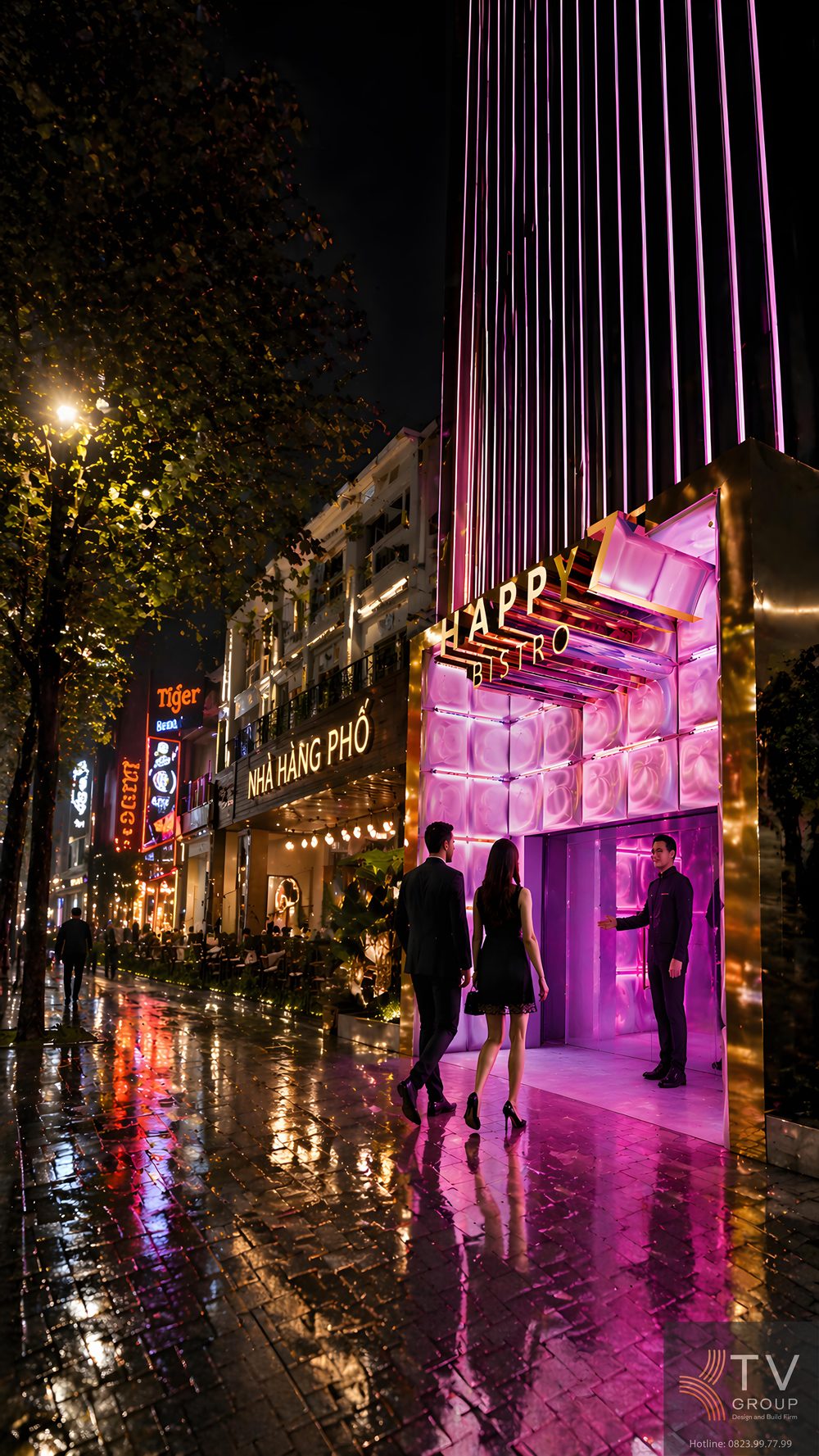 Karaoke KTV HAPPY 7 nổi bật với hệ LED tím dọc, tạo điểm nhấn ánh sáng thu hút giữa phố đêm. 