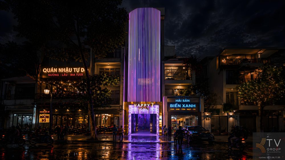 Lối vào ánh sáng ấn tượng – điểm check-in cực hút khách của HAPPY 7 Bistro KTV. 