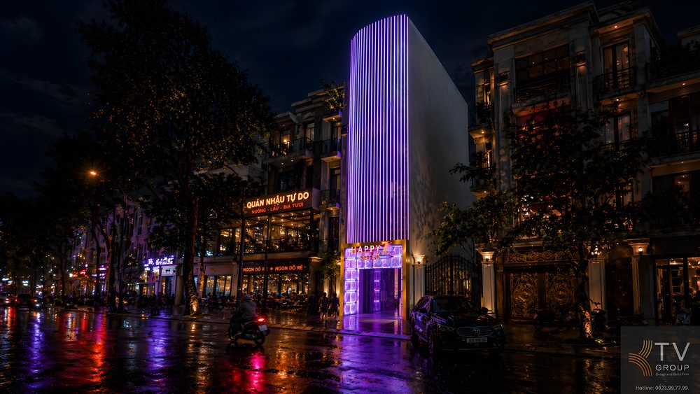 Khu vực entrance karaoke với ánh sáng LED hiện đại, thiết kế sang trọng tạo điểm check-in đẹp, thu hút khách và tăng trải nghiệm thị giác. 