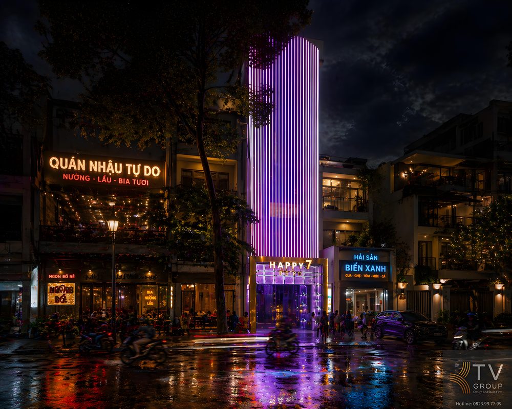 Thiết kế karaoke kết hợp bistro với mặt tiền ấn tượng, ánh sáng nổi bật, phù hợp xu hướng kinh doanh nightlife hiện đại. 