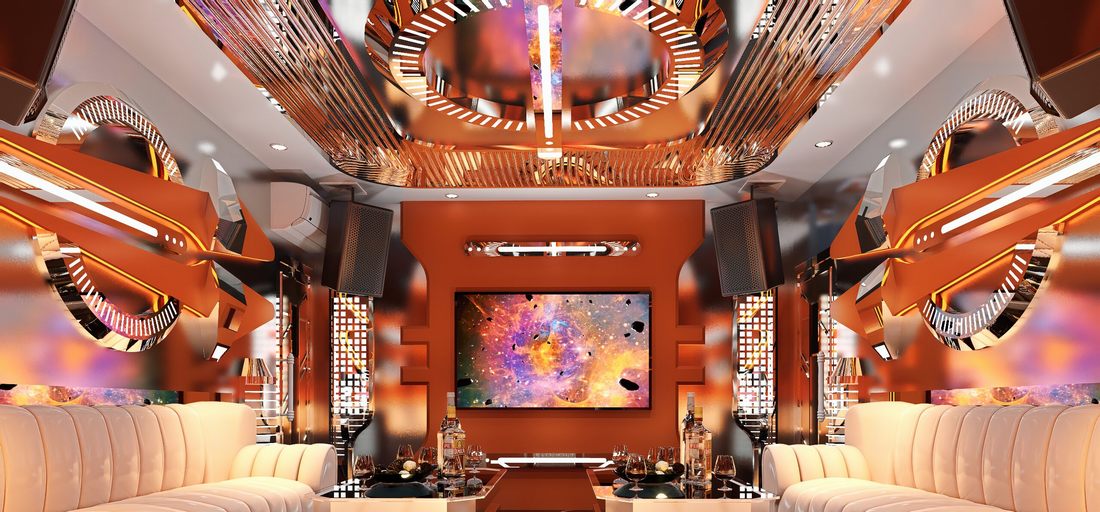Ảnh 11: Thiết kế nội thất phòng karaoke HKTV tại Quận 5 với các giải pháp trang trí hiện đại, kết hợp ánh sáng nhân tạo và vật liệu hoàn thiện tạo nên không gian giải trí có cá tính riêng. Công trình thiết kế thi công Karaoke HKTV 15 phòng được định hướng đồng bộ về thẩm mỹ và công năng, giúp chủ đầu tư khai thác hiệu quả diện tích kinh doanh tại TP.HCM.