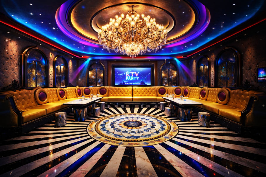 Phòng karaoke thiết kế hiện đại với hệ thống đèn LED, sofa cao cấp và âm thanh chuyên nghiệp, không gian giải trí sang trọng phù hợp kinh doanh karaoke, bar, lounge, tối ưu trải nghiệm khách hàng và tăng hiệu quả vận hành.