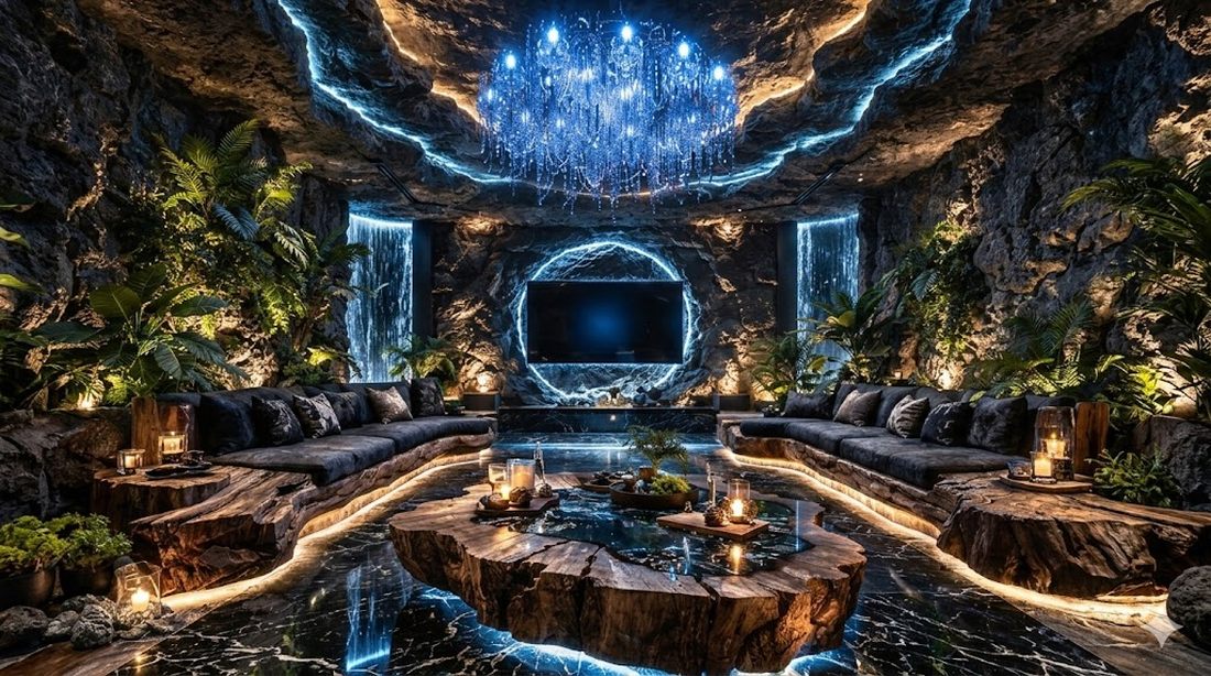 Toàn cảnh phòng KTV karaoke hang động sinh thái luxury với đèn chùm pha lê xanh và bàn gỗ nguyên khối trung tâm. 