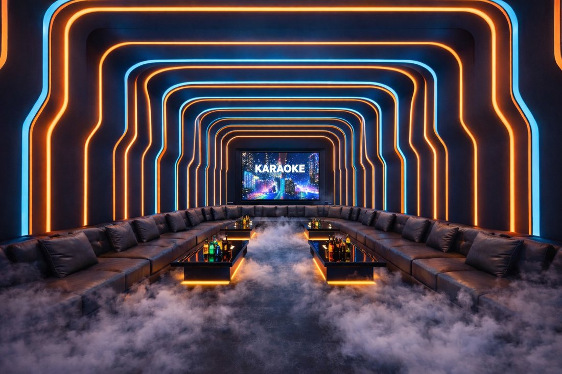 Thiết kế phòng karaoke VIP ứng dụng hệ LED viền đa tầng kết hợp nội thất da hiện đại, tạo dấu ấn riêng biệt so với mô hình truyền thống. Không gian được xử lý ánh sáng và bố cục khoa học, nâng tầm trải nghiệm khách hàng và gia tăng lợi thế cạnh tranh trong kinh doanh KTV. 