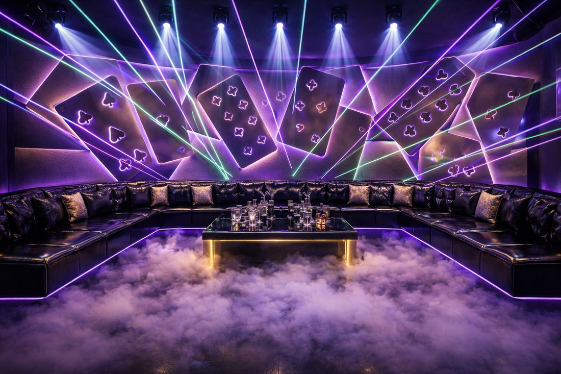 Phòng karaoke VIP mang phong cách nightlife với hệ đèn beam và laser đồng bộ theo nhạc. Nội thất tông tối sang trọng kết hợp hiệu ứng khói sàn tạo chiều sâu không gian. Thiết kế karaoke KTV hiện đại 2026 hướng đến nhóm khách trẻ, doanh nhân và mô hình phòng VIP cao cấp. 