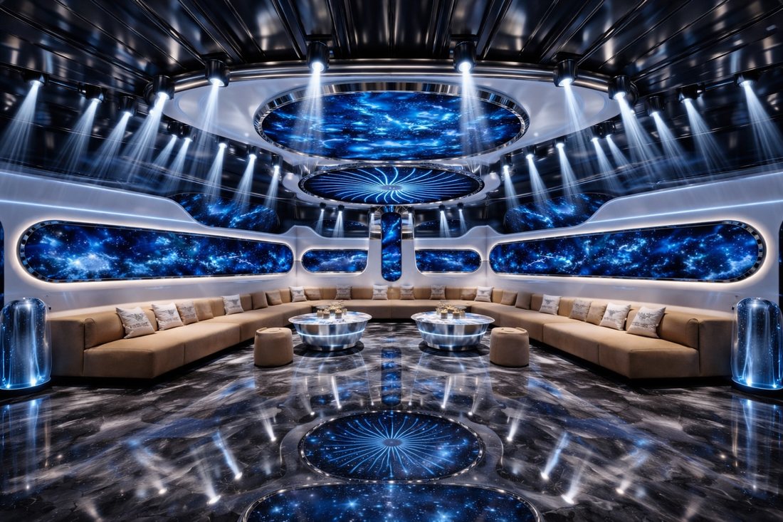 Thiết kế phòng karaoke KTV chủ đề vũ trụ galaxy với trần LED ánh sáng xanh và nội thất sofa cao cấp 